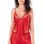 Kırmızı Saten Babydoll Şort Takımı