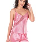 Koyu Pembe Saten Babydoll Şort Takımı