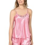 Koyu Pembe Saten Babydoll Şort Takım