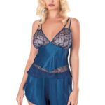Petrol Mavisi Saten Babydoll Şort Takımı