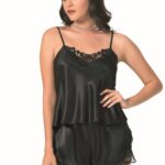 Siyah Saten Babydoll Şort Takımı
