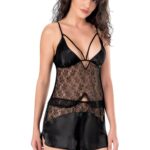 Siyah Saten Babydoll Şort Takımı